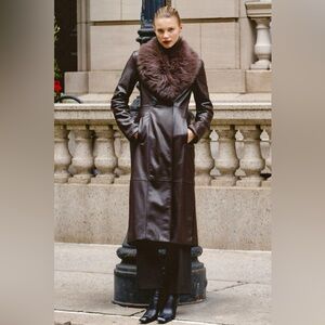 house of cb MARCEL Brown Faux Fur Trimmed Vegan Leather Coat NWT